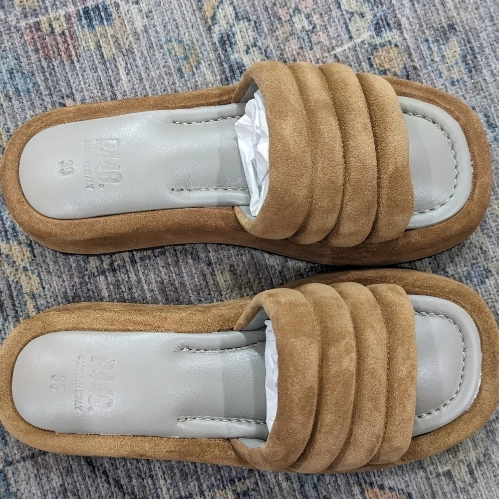 NWT P448 | Women's Fergie Platform Slide Sandals in Cognac Suede